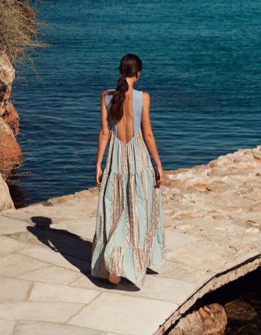 GREEK ARHAIC KORI Embroidered Light Blue Maxi Dress 3