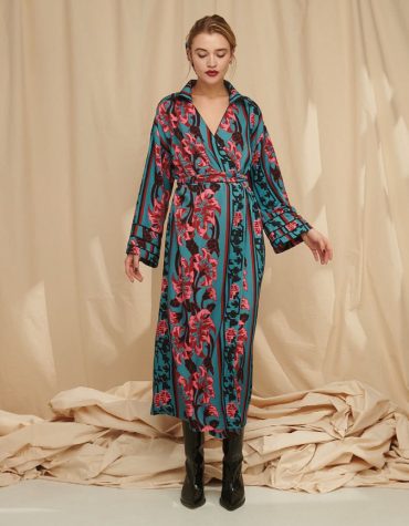 Karavan Lilian Mixi Kimono Dress Stripe Flowers Petrol 2