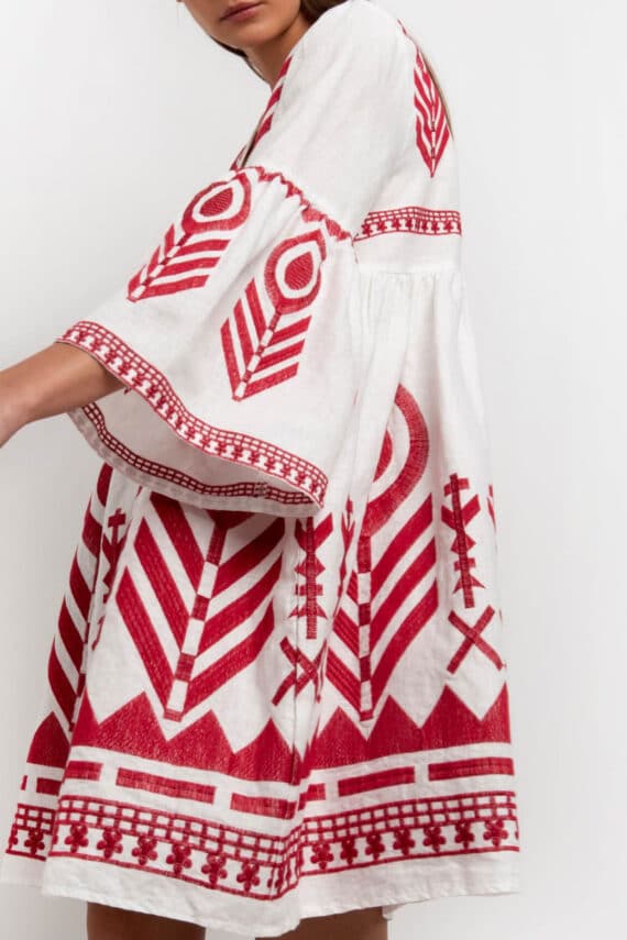Kori Embroidered Handmade Greek Designers Mini Dress White Red