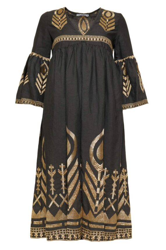 GREEK ARCHAIC KORI Khaki Gold Linen Feather Embroidered Midi Dress