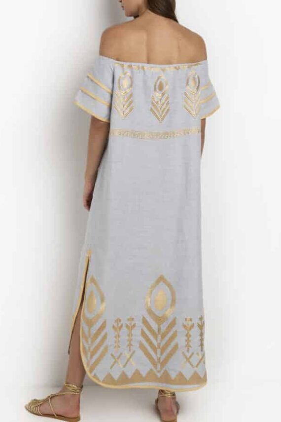 GREEK ARCHAIC KORI Off Shoulder Linen Dress Feather Light Grey 2