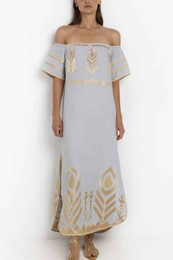 GREEK ARCHAIC KORI Off Shoulder Linen Dress Feather Light Grey 3