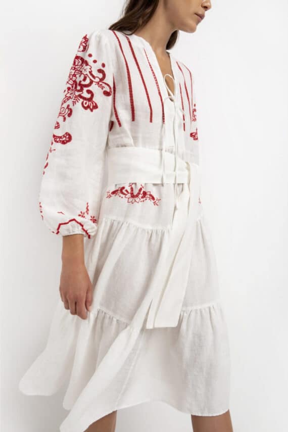 GREEK ARCHAIC KORI Midi Bohemian Linen Ruffled Dress 1