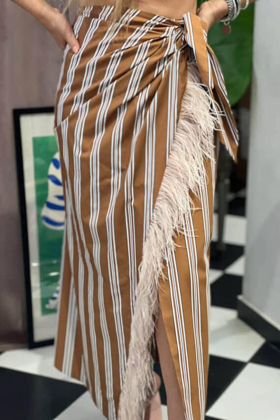 MILKWHITE Wrap Skirt with Feathers Tobacco