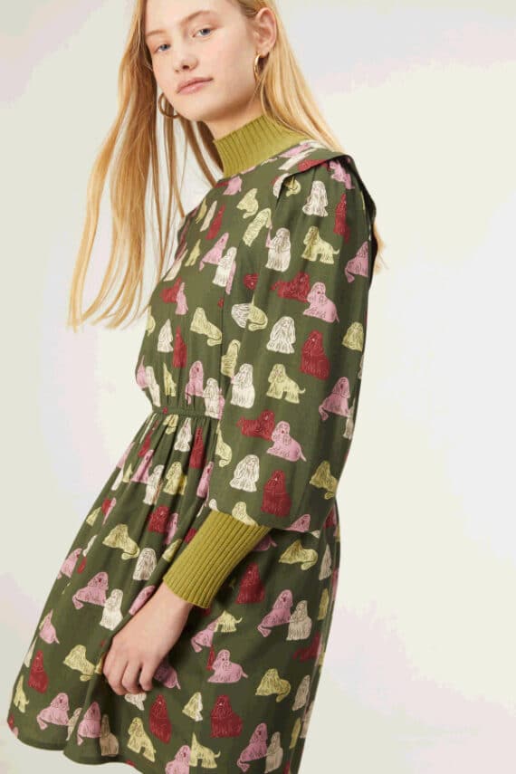Compania Fantastica Dog Print Mini Smock Dress With Decorative Detail