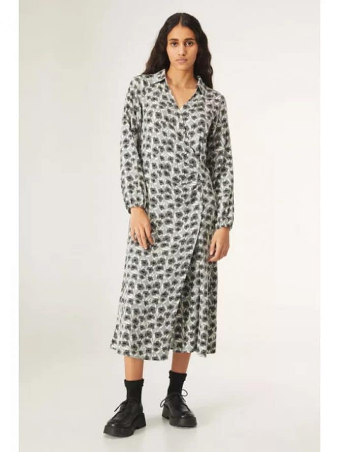 Compania Fantastica Grey Floral Print Midi Smock Dress With Wrap Effect 1