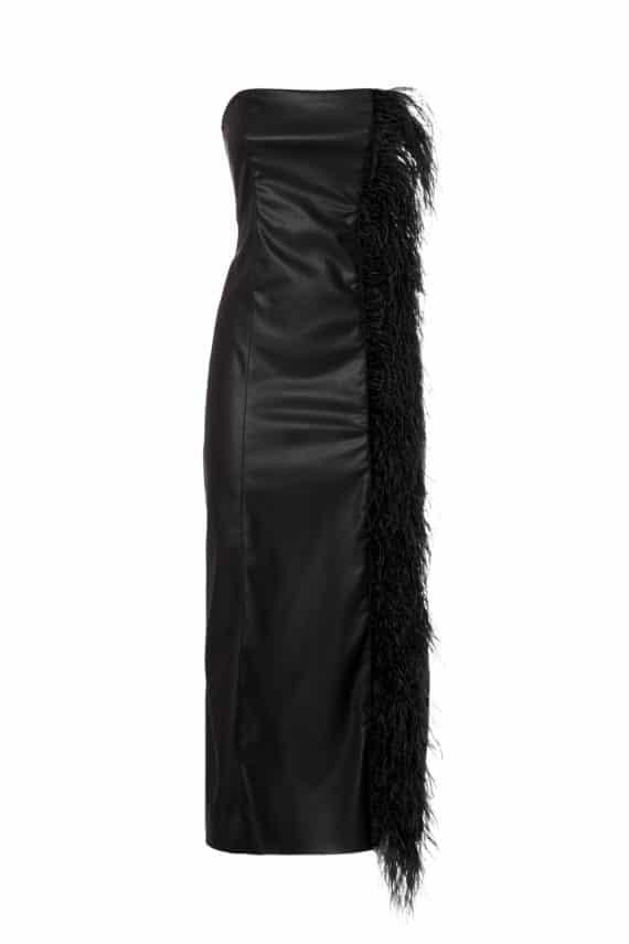 MILKWHITE Faux Leather Midi Dress With Feather Details