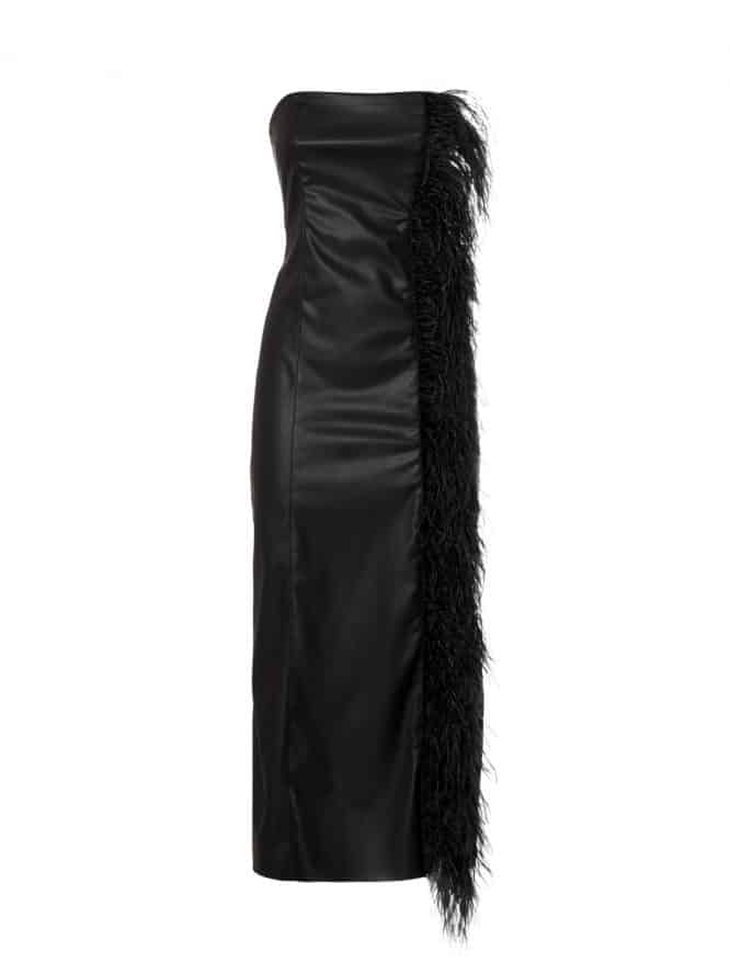 MILKWHITE Faux Leather Midi Dress With Feather Details