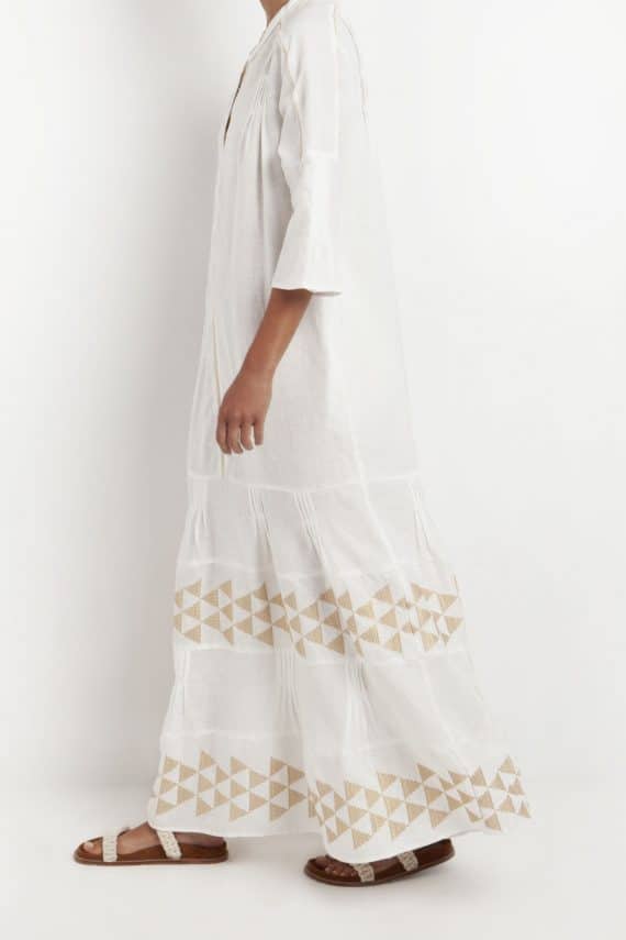 GREEK ARCHAIC KORI Embroidered Long Sleeves Arrow Maxi Dress White 1