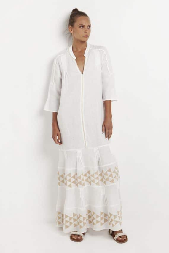 GREEK ARCHAIC KORI Embroidered Long Sleeves Arrow Maxi Dress White 2