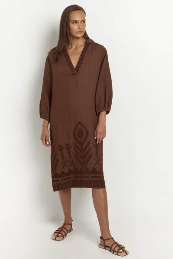 GREEK ARCHAIC KORI Embroidered Long Sleeves Feather Dress Brown 2
