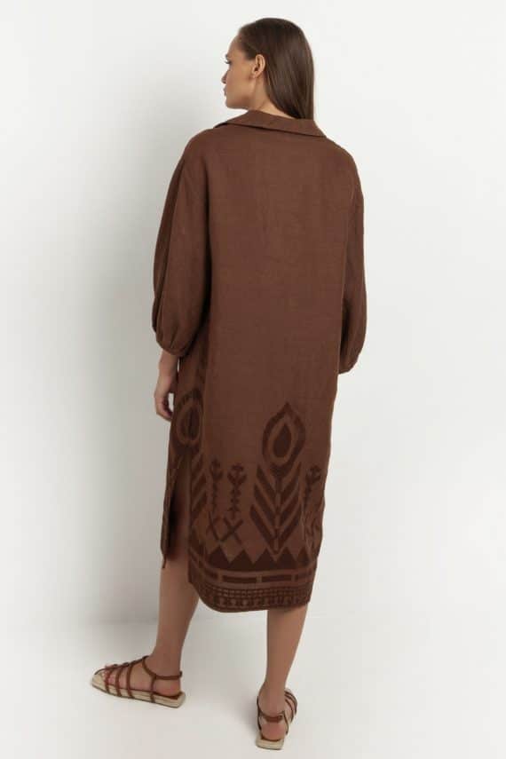 GREEK ARCHAIC KORI Embroidered Long Sleeves Feather Dress Brown