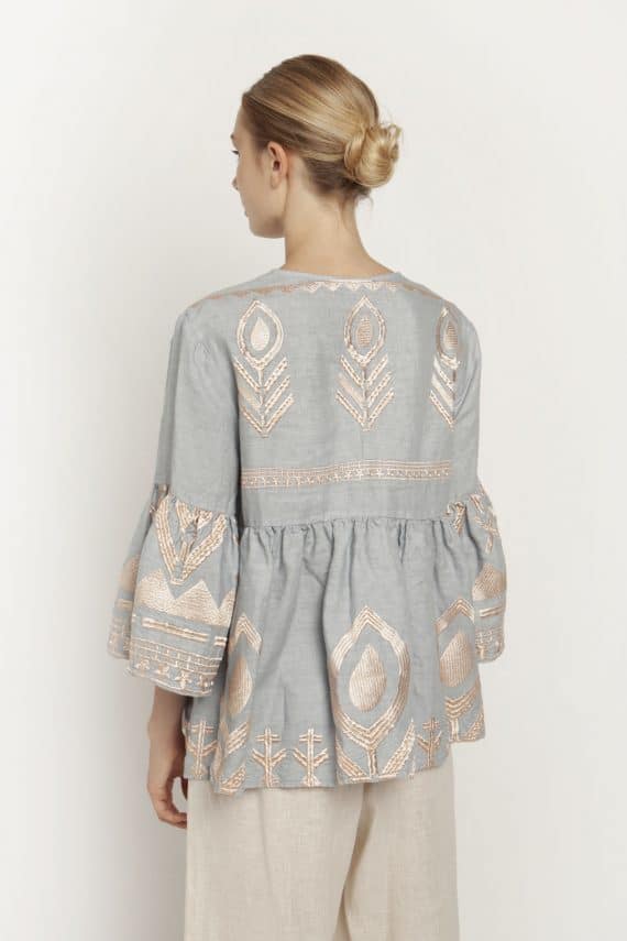 GREEK ARCHAIC KORI Embroidered Long Sleeves Feather Top Light Grey 1