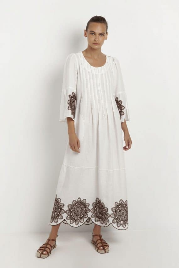 GREEK ARCHAIC KORI Embroidered Long Sleeves Floral Dress White