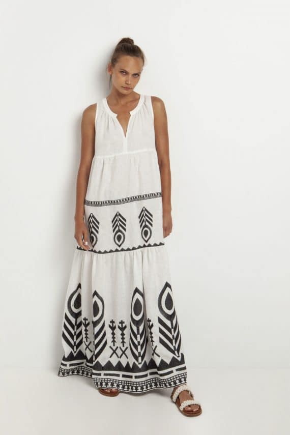 GREEK ARCHAIC KORI Embroidered Sleeveless Feather Dress Natural 1