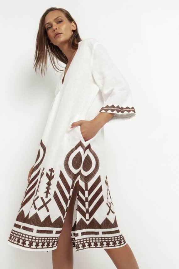 GREEK ARCHAIC KORI Embroidered Sleeves Feather Dress White 1