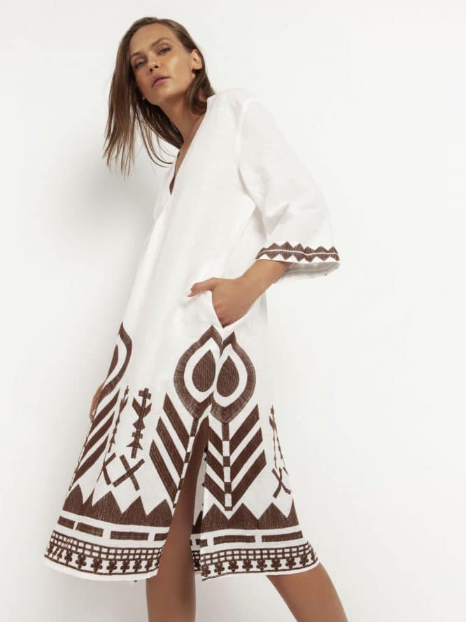 GREEK ARCHAIC KORI Embroidered Sleeves Feather Dress White 1
