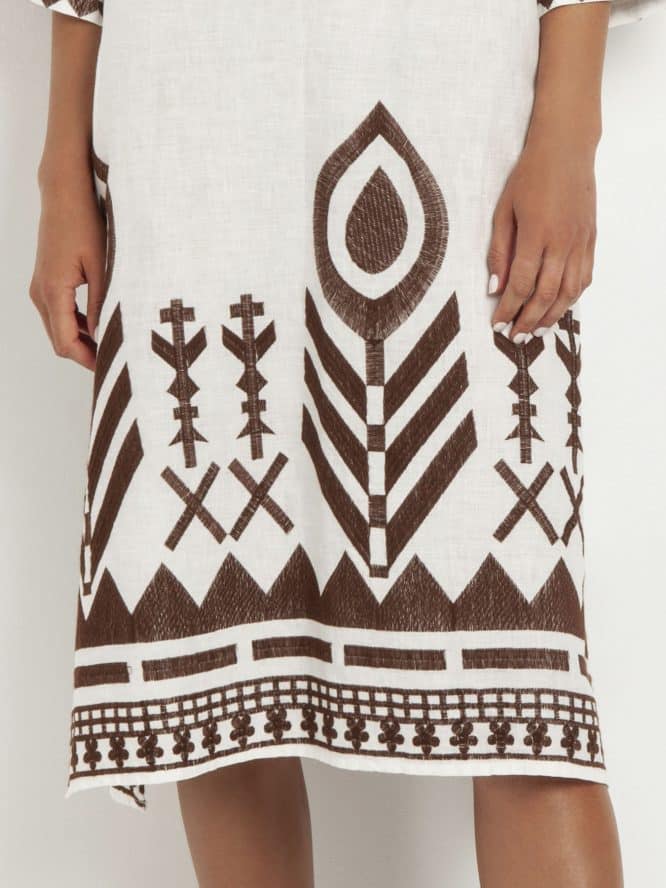 GREEK ARCHAIC KORI Embroidered Sleeves Feather Dress White 3