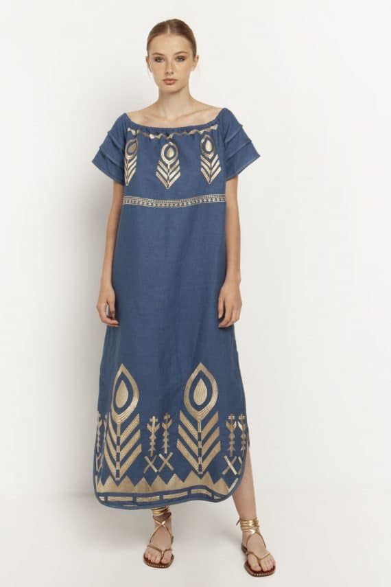 GREEK ARCHAIC KORI Off Shoulder Linen Dress Indigo 2
