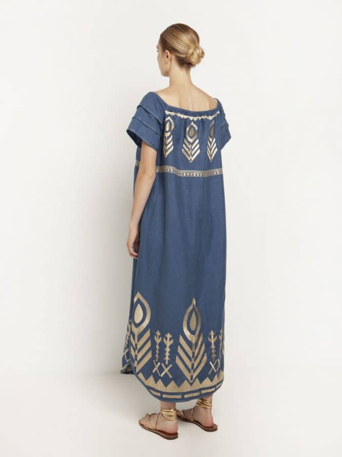 GREEK ARCHAIC KORI Off Shoulder Linen Dress Indigo
