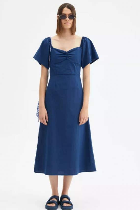 Compania Fantastica Blue flared cut fitted midi dress with short sleeves 1