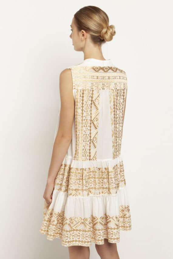 GREEK ARCHAIC KORI Embroidered Boho Mini Sleeveless Dress Light White Gold 2