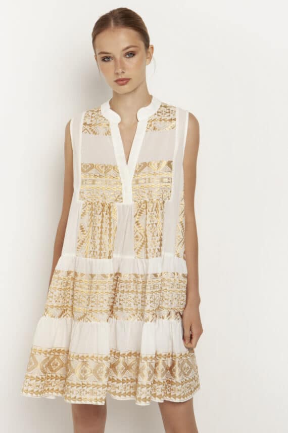 GREEK ARCHAIC KORI Embroidered Boho Mini Sleeveless Dress Light White Gold