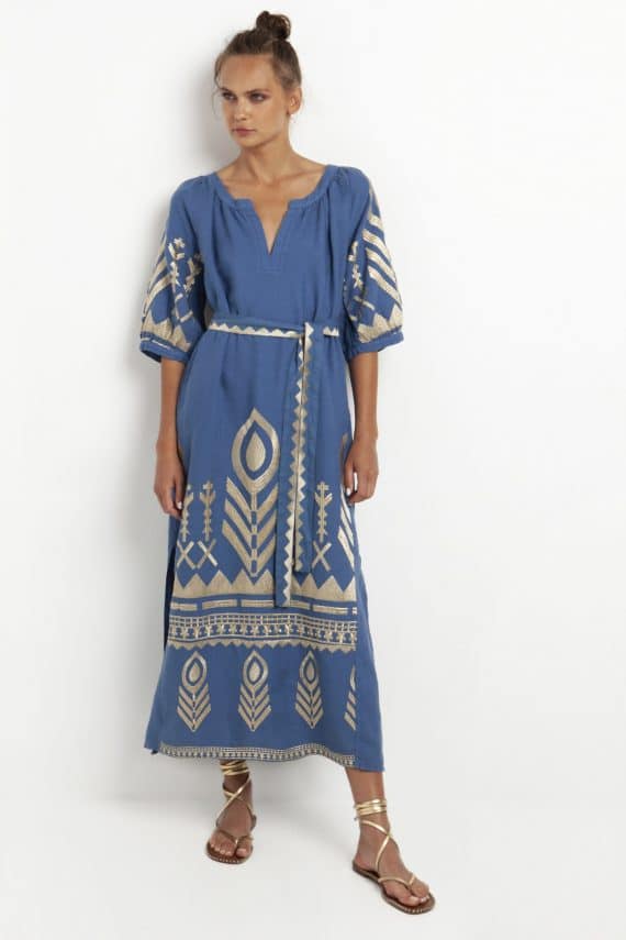 GREEK ARCHAIC KORI Embroidered Short Sleeves Feather Dress Indigo 2