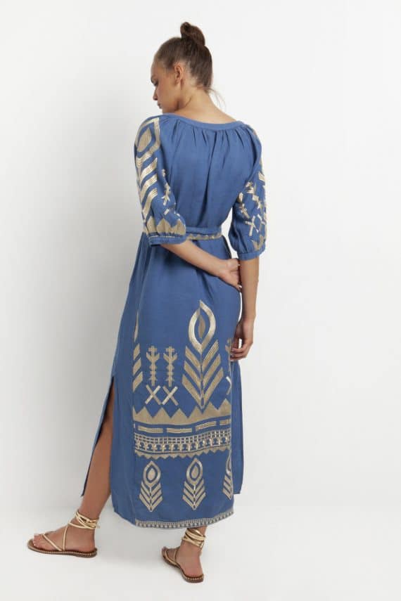 GREEK ARCHAIC KORI Embroidered Short Sleeves Feather Dress Indigo