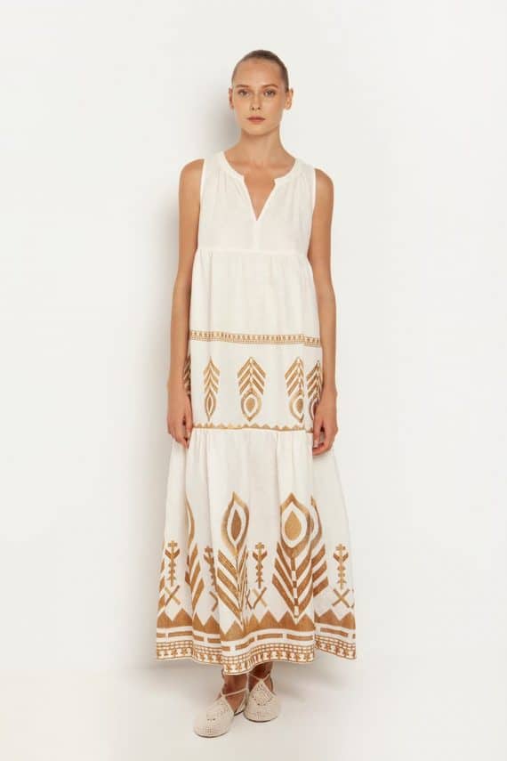 GREEK ARCHAIC KORI Embroidered Sleeveless Feather Dress White 2