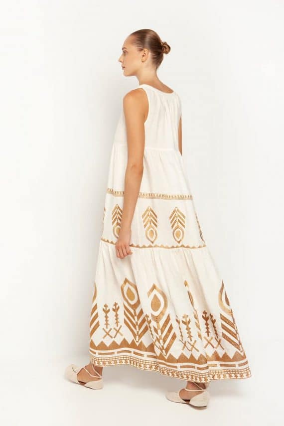 GREEK ARCHAIC KORI Embroidered Sleeveless Feather Dress White