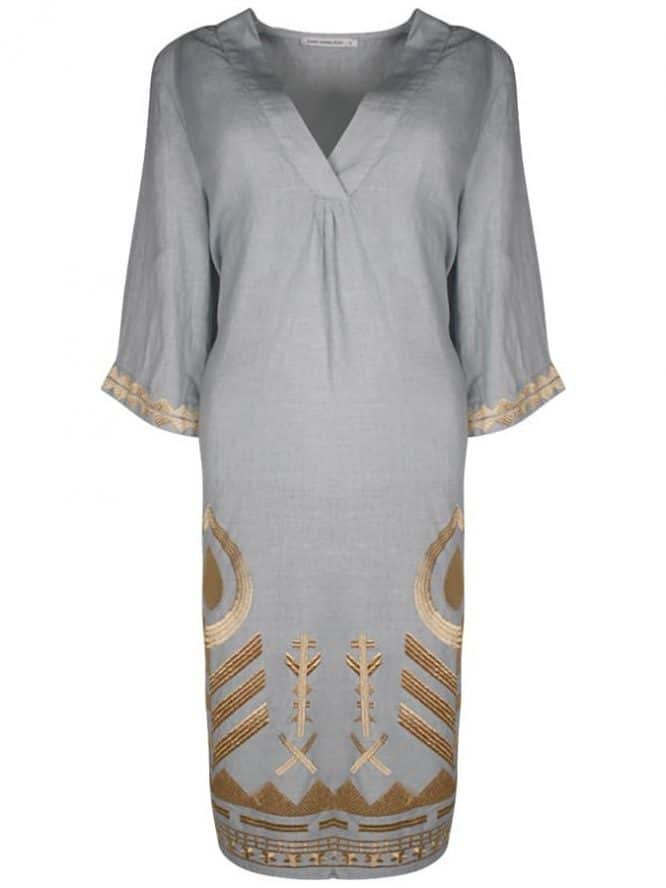 GREEK ARCHAIC KORI Embroidered Sleeves Feather Dress Light Grey 1