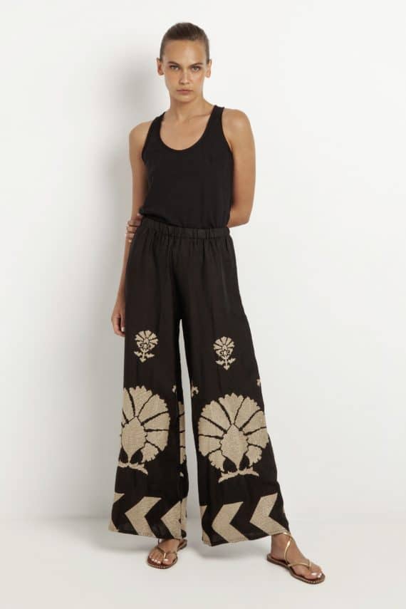 GREEK ARCHAIC KORI Linen Peacock Embroidered Trousers Charcoal 2