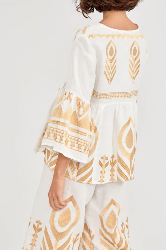 Kori Embroidered Handmade Greek Designers Feather Top White Gold