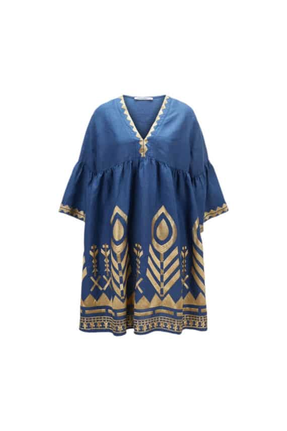 GREEK ARCHAIC KORI Embroidered Long Sleeves Feather Mini Dress Indigo