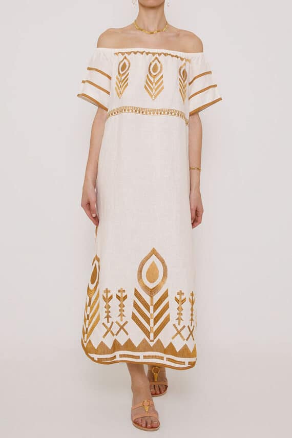 GREEK ARCHAIC KORI Off Shoulder Feather Linen Dress Natural White 2