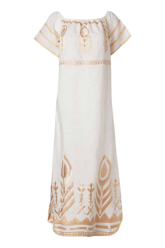 GREEK ARCHAIC KORI Off Shoulder Feather Linen Dress Natural White 4