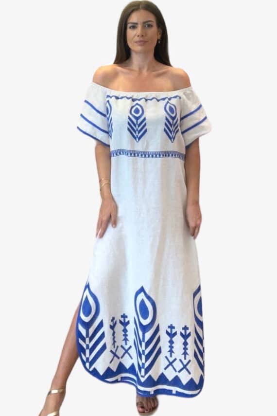 GREEK ARCHAIC KORI Off Shoulder Feather Linen Dress White