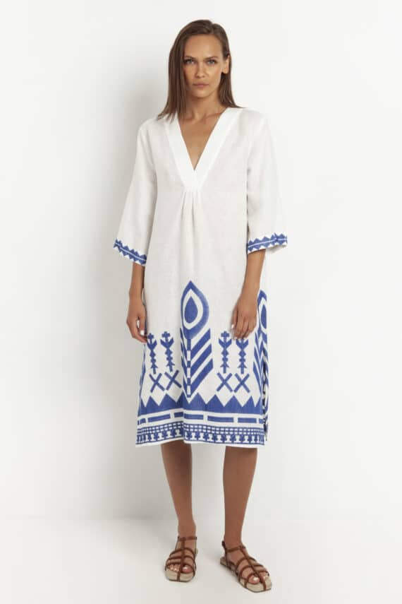GREEK ARCHAIC KORI Embroidered 3 4 Sleeves Feather Dress White Royal Blue