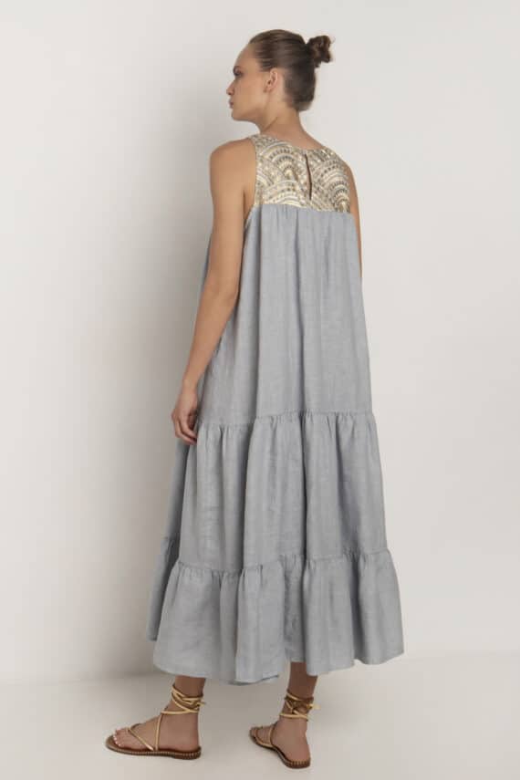 GREEK ARCHAIC KORI Long Dress Linen New All Over Light Grey Gold 2